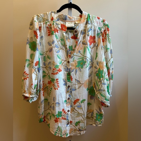 NWT Maeve Kalapana Blouse 12 Floral Balloon Cream Short Sleeves Button Down - Picture 5 of 14